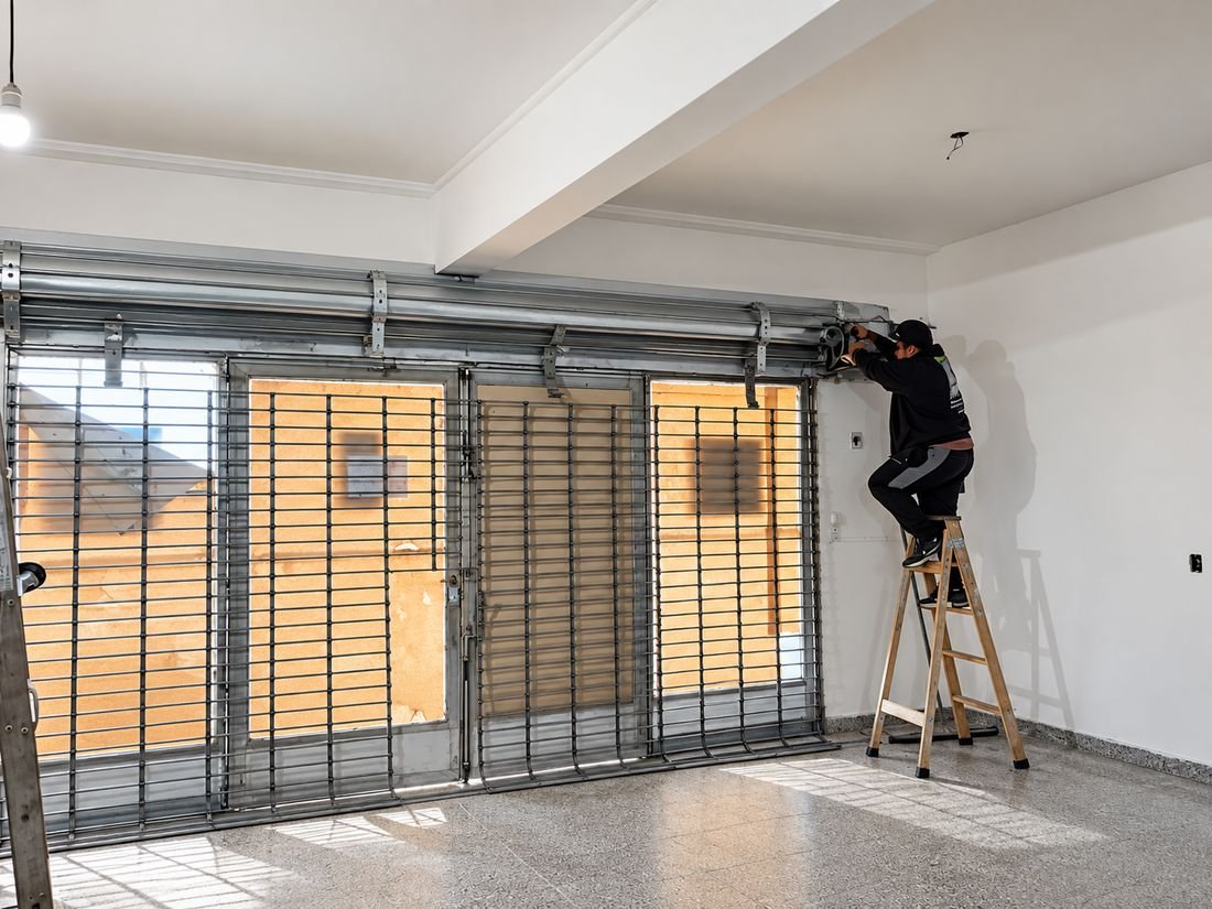Técnico instalando el eje de una cortina de enrollar